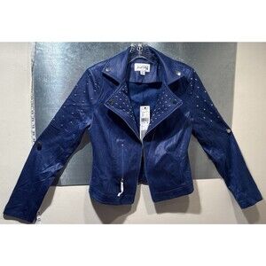 Joseph Ribkoff Royal Blue Studded Foiled Faux Suede Fitted Baller Moto Jacket S